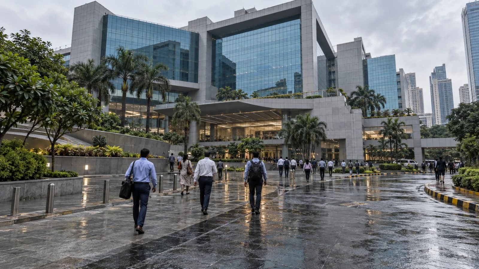Pedestrians cross the forecourt outside the National Stock Exchange complex in Mumbai, India. (AI-generated image / EconoTimes)