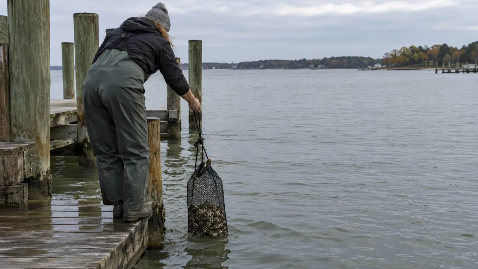 A mesh oyster bag hangs from a pier over Chesapeake Bay near Kent Island, Maryland. (AI-generated image / EconoTimes)