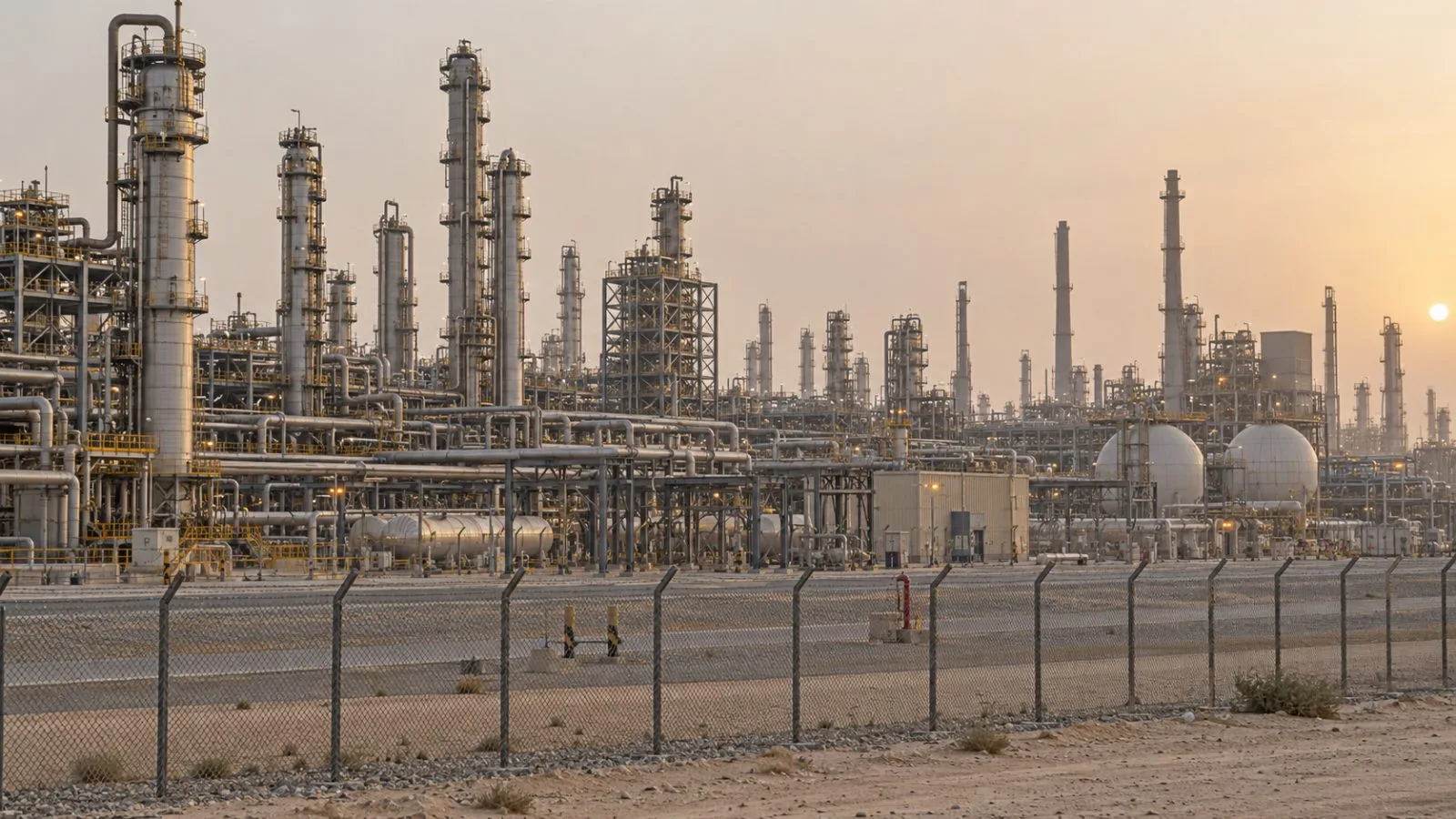Processing towers rise beyond a perimeter fence at Sadara's Jubail complex in Saudi Arabia. (AI-generated image / EconoTimes)