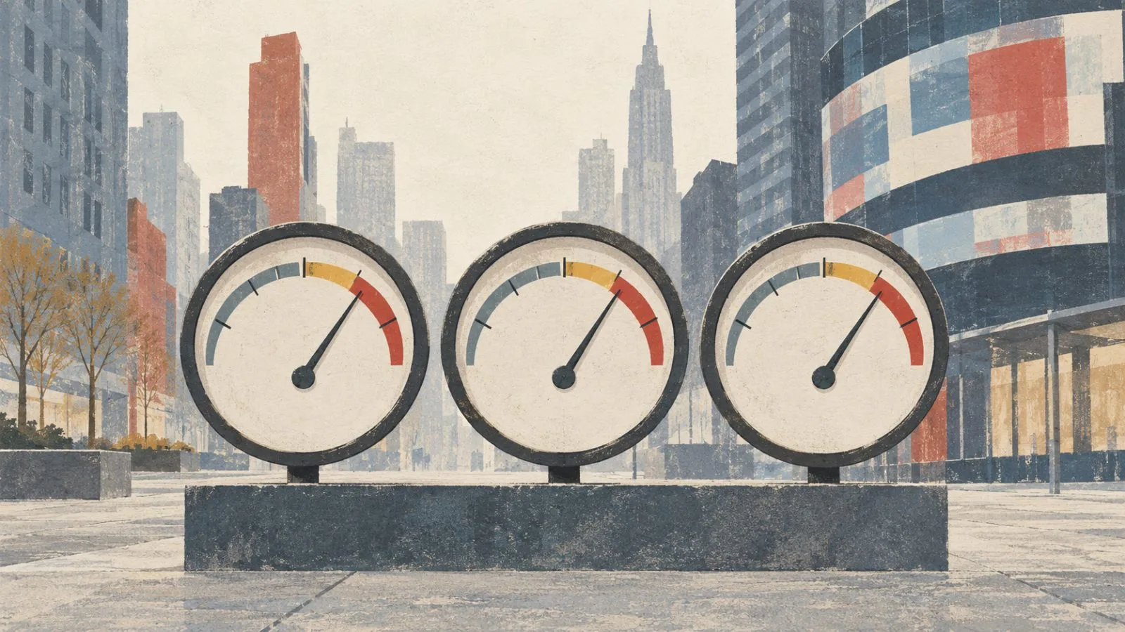 Three unlabeled momentum gauges sit above a shared threshold in a New York market display. (AI-generated image / EconoTimes)