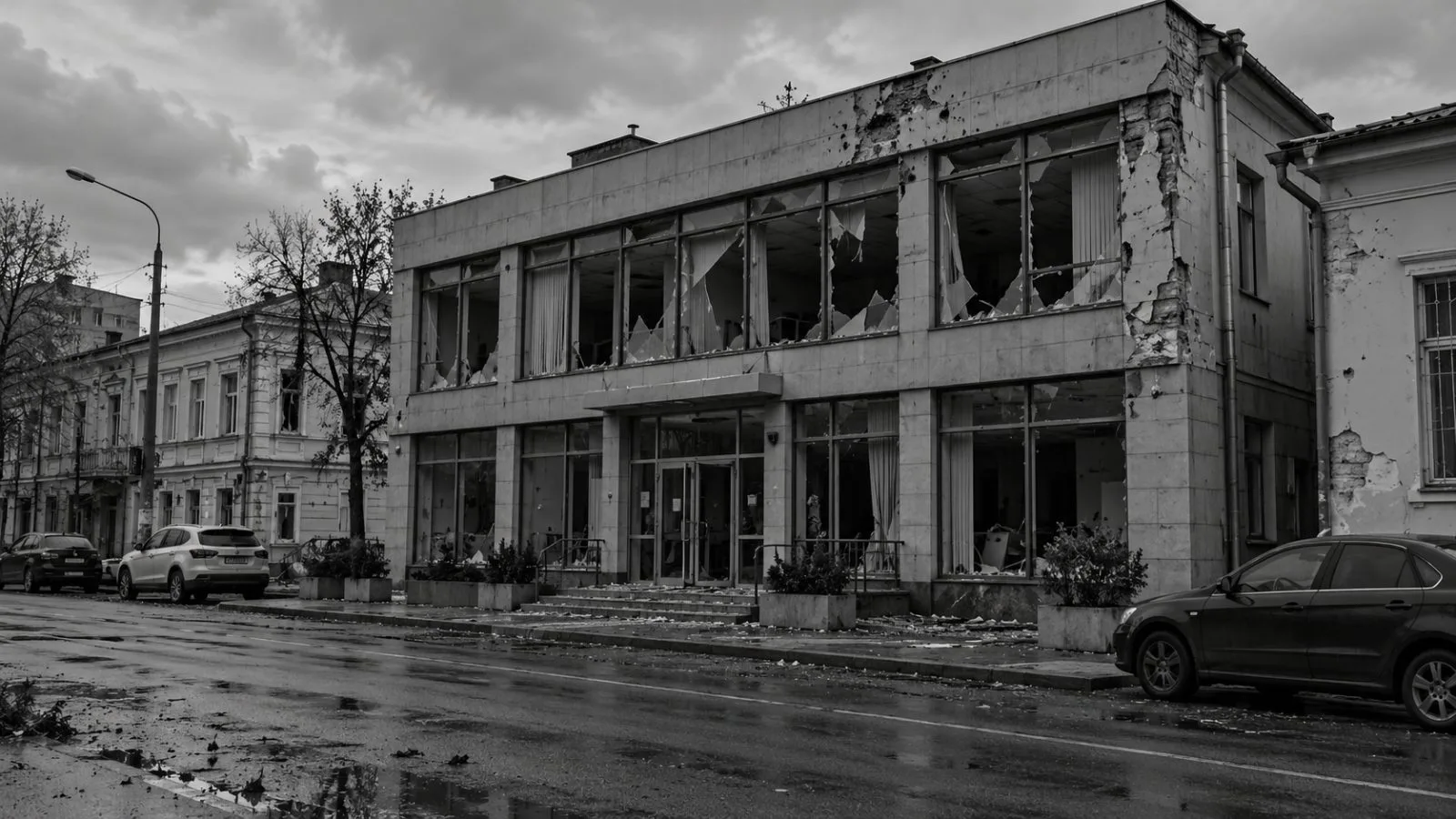 A commercial building with damaged windows stands on a street in Taganrog, Russia. (AI-generated image / EconoTimes)