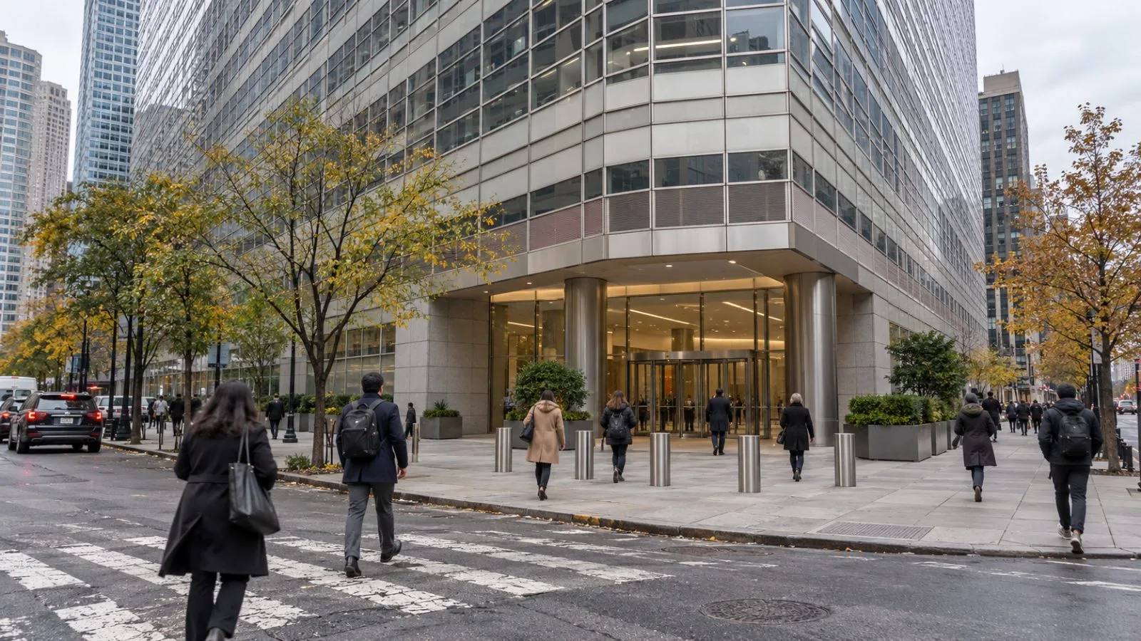 Pedestrians walk past the headquarters at 240 Greenwich Street in New York. / EconoTimes.ai