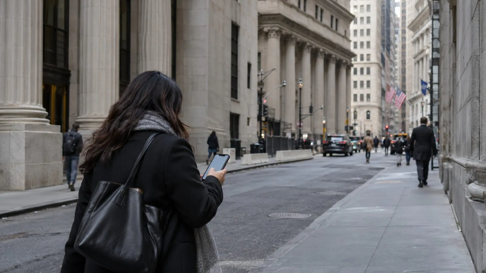 A pedestrian checks a smartphone on Broad Street in Manhattan’s Financial District. (AI-generated image / EconoTimes)