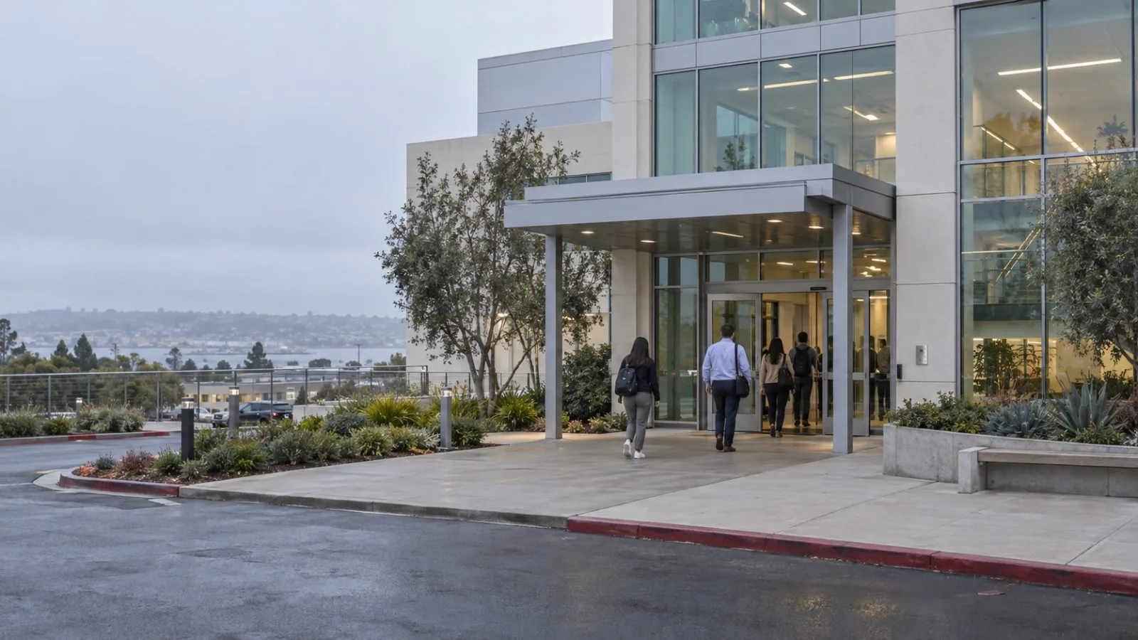 Staff enter a biotechnology office and laboratory building in San Diego, California. (AI-generated image / EconoTimes)