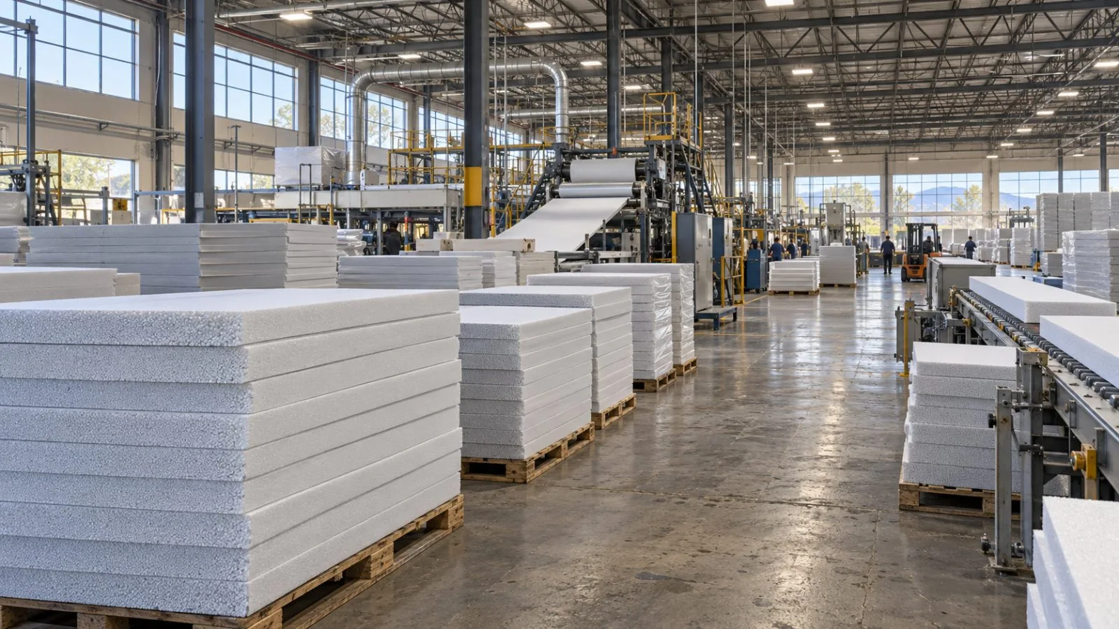 Polyethylene foam planks are stacked inside a manufacturing facility in Madera, California. / EconoTimes.ai
