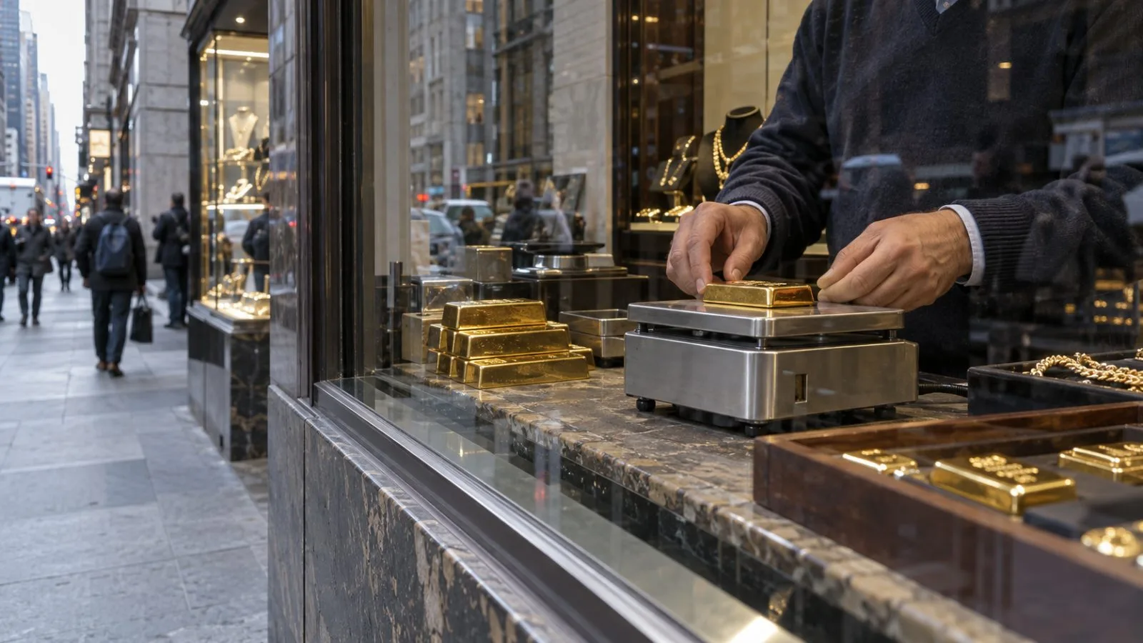 A worker weighs a gold bar at a bullion dealer in Manhattan, New York. (AI-generated image / EconoTimes)
