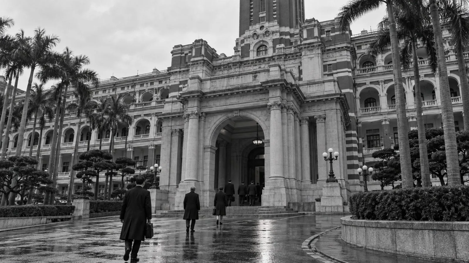 Officials enter Taiwan's Presidential Office Building in Taipei under an overcast sky. (AI-generated image / EconoTimes)
