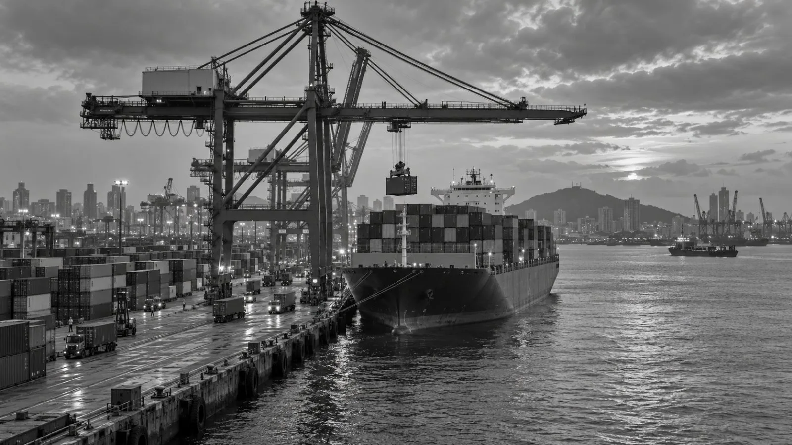 A gantry crane loads containers beside a cargo ship at Kaohsiung Port, Taiwan. (AI-generated image / EconoTimes)