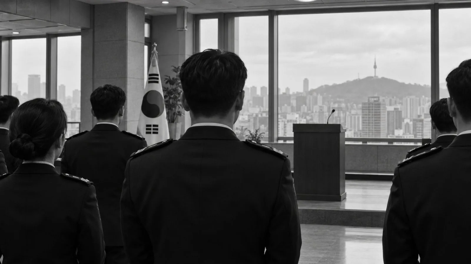 Police officers face a podium at the National Police Agency in Seoul. (AI-generated image / EconoTimes)