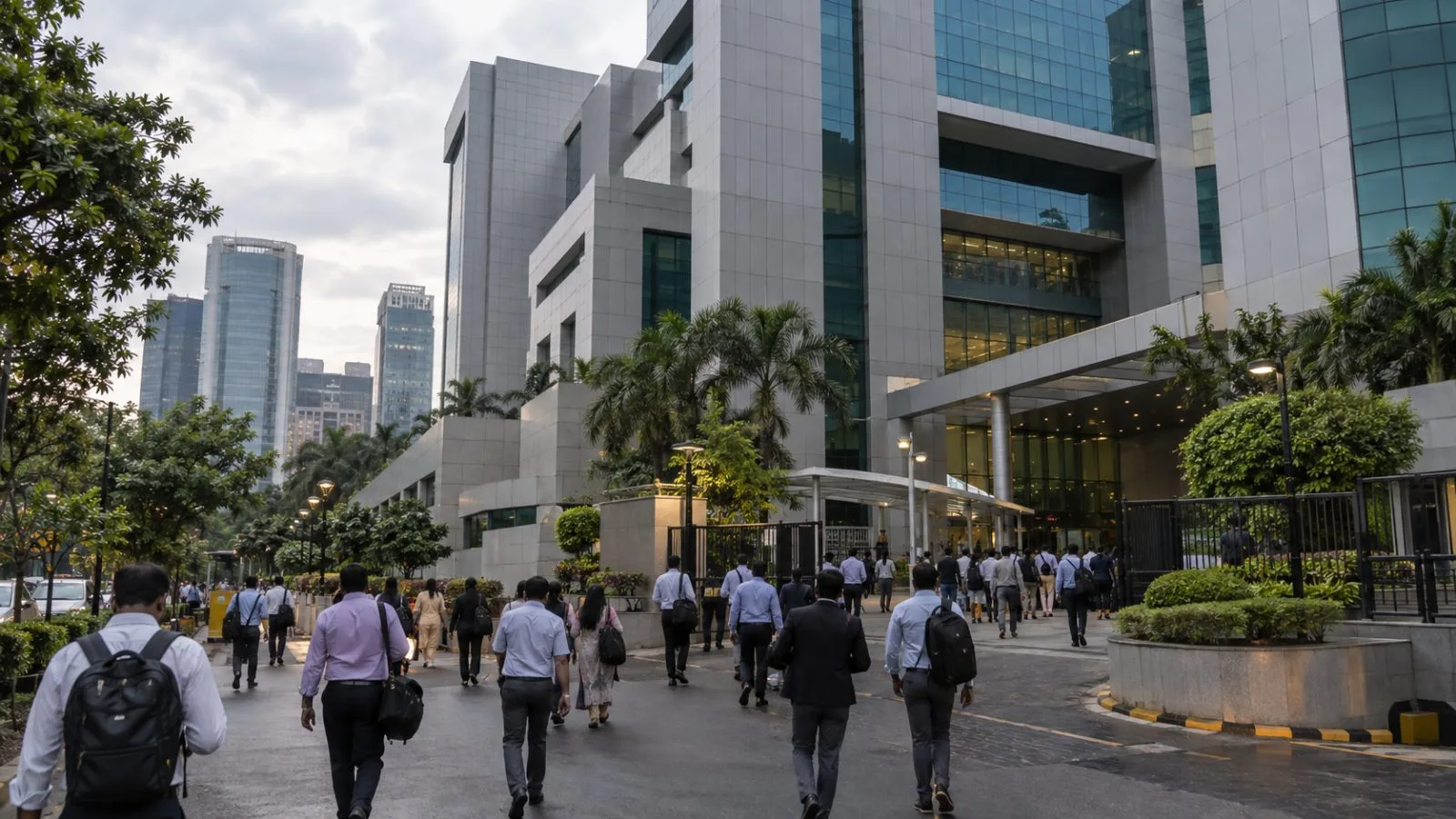 Pedestrians pass the National Stock Exchange building in Mumbai after the trading session. (AI-generated image / EconoTimes)