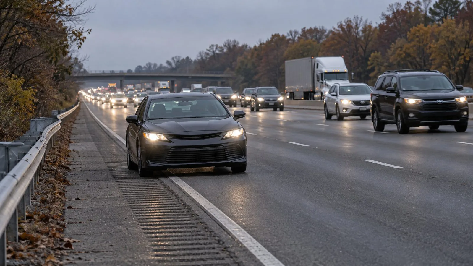 A sedan travels beside grooved shoulder strips on the Capital Beltway near Washington, D.C. (AI-generated image / EconoTimes)