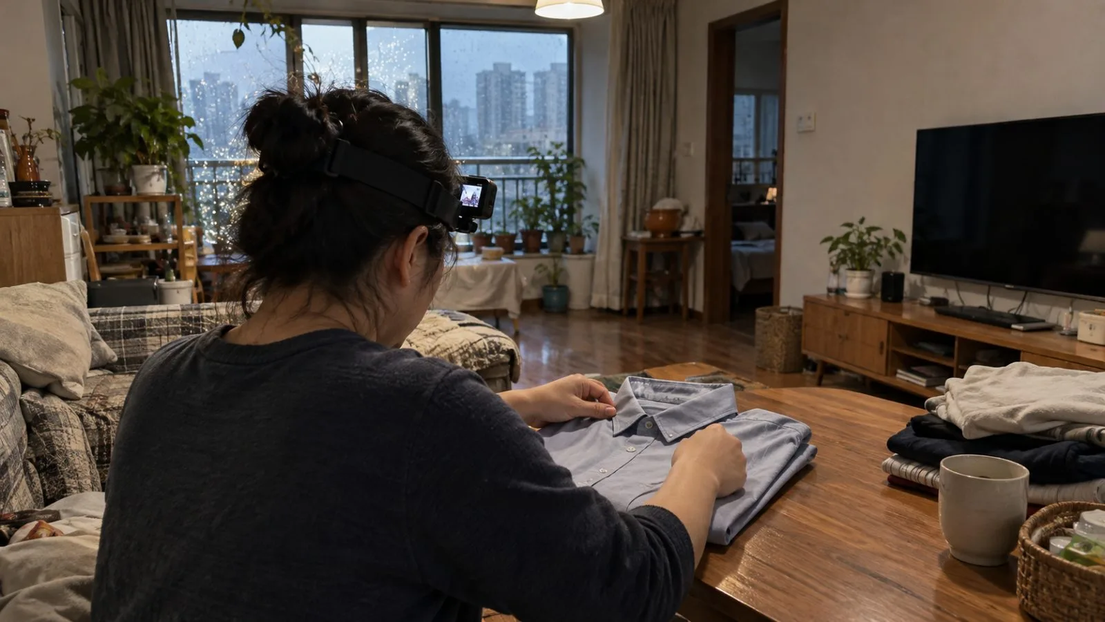 A worker records household chores with a head-mounted camera in a Beijing apartment, China. (AI-generated image / EconoTimes)
