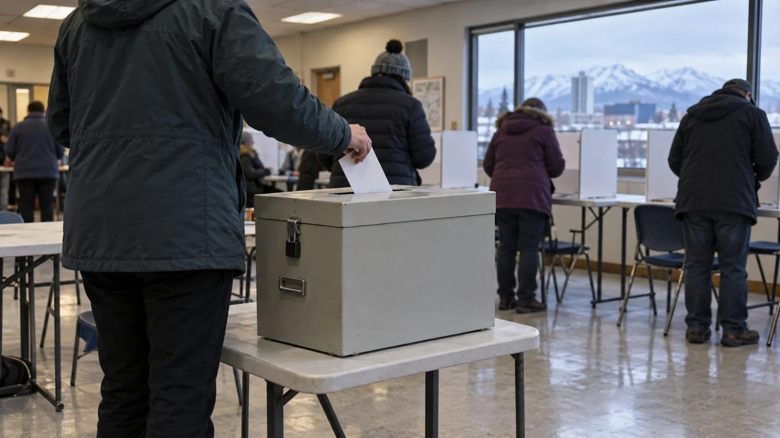 A poll worker places a paper ballot beside a ballot box at a polling station in Anchorage, Alaska (AI-generated image / EconoTimes)