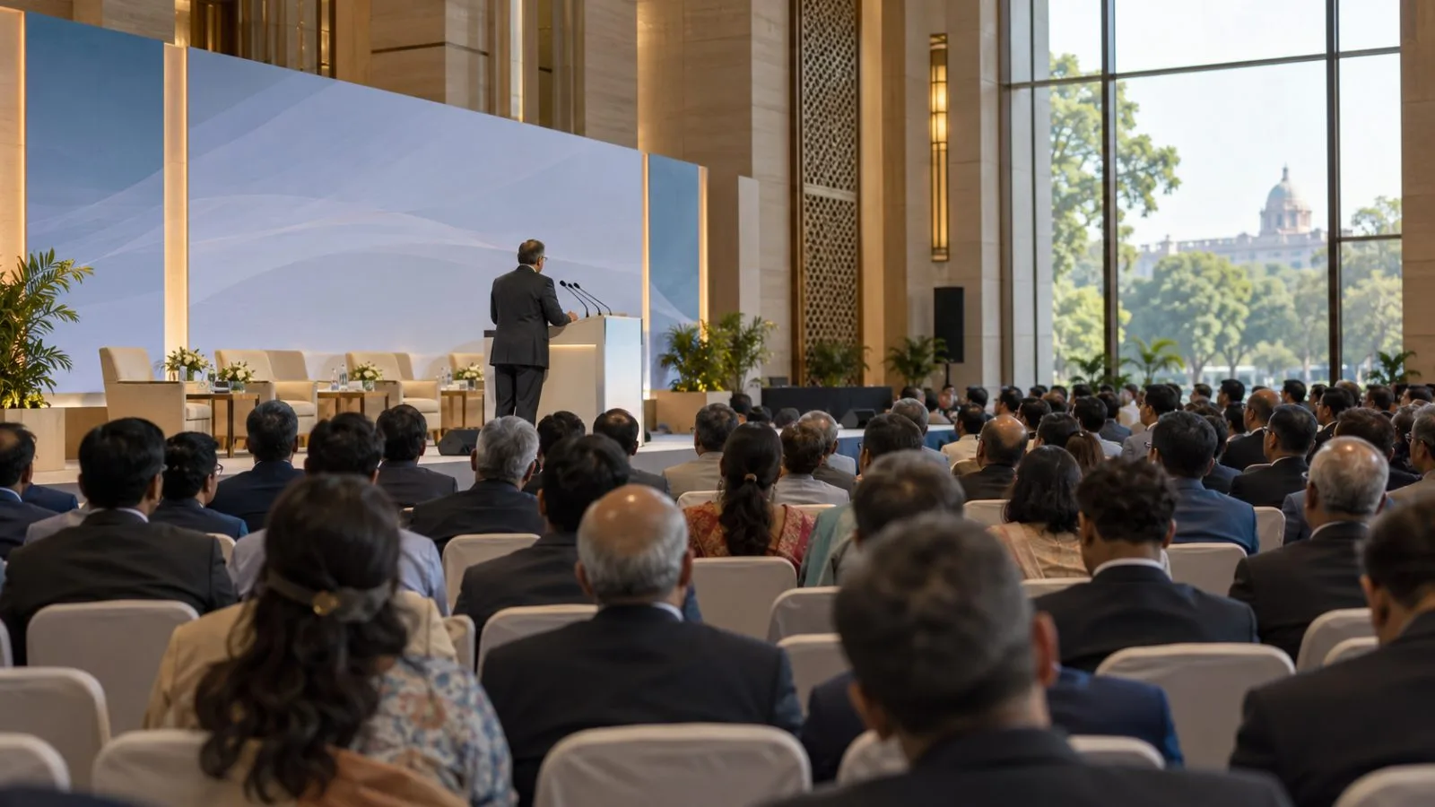Audience members face a speaker at the NDTV World Summit in New Delhi, India. (AI-generated image / EconoTimes)