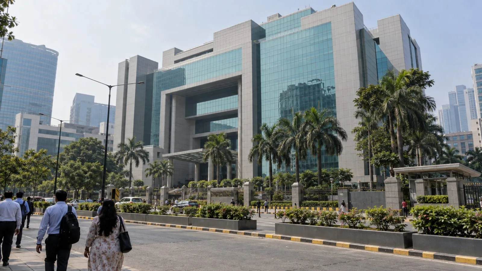 Commuters pass the National Stock Exchange complex in Mumbai’s Bandra Kurla Complex district. (AI-generated image / EconoTimes)