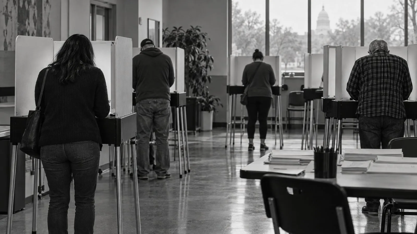 Voters enter booths at an early voting polling station in Austin, Texas. (AI-generated image / EconoTimes)