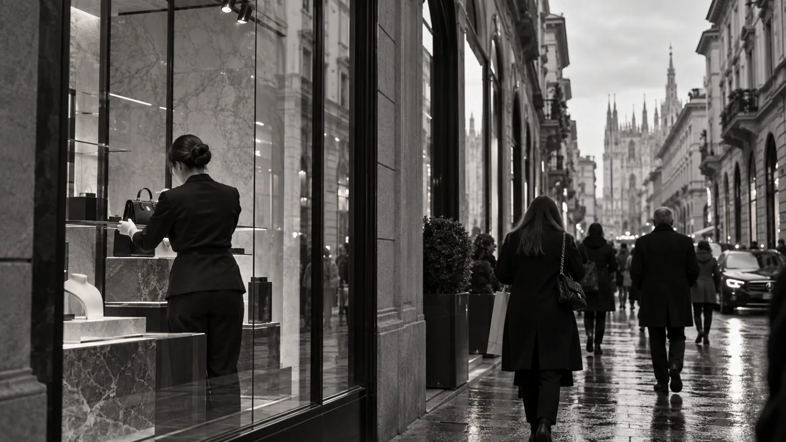 A worker clears a boutique window on Via Montenapoleone in Milan, Italy. (AI-generated image / EconoTimes)