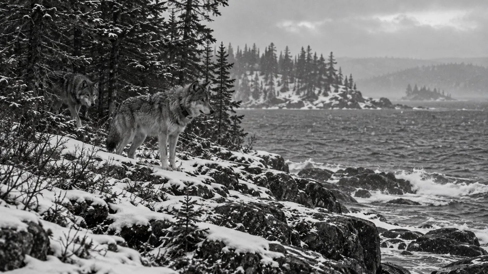 A collared wolf stands above Lake Superior at Isle Royale National Park, Michigan. (AI-generated image / EconoTimes)