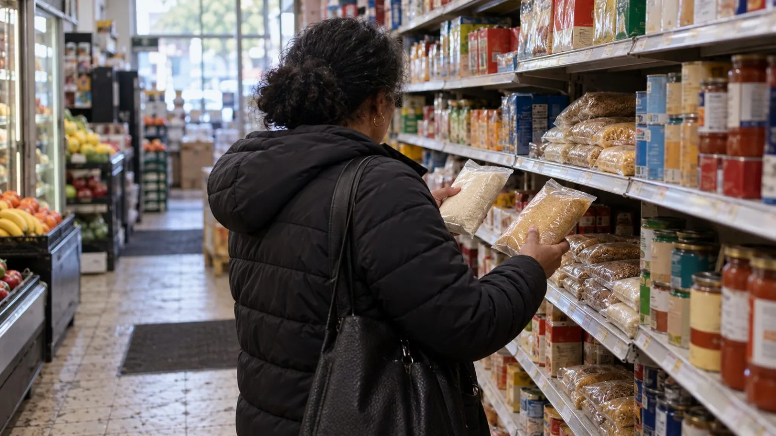 A shopper compares everyday groceries at a neighborhood market in Washington, D.C. (AI-generated image / EconoTimes)