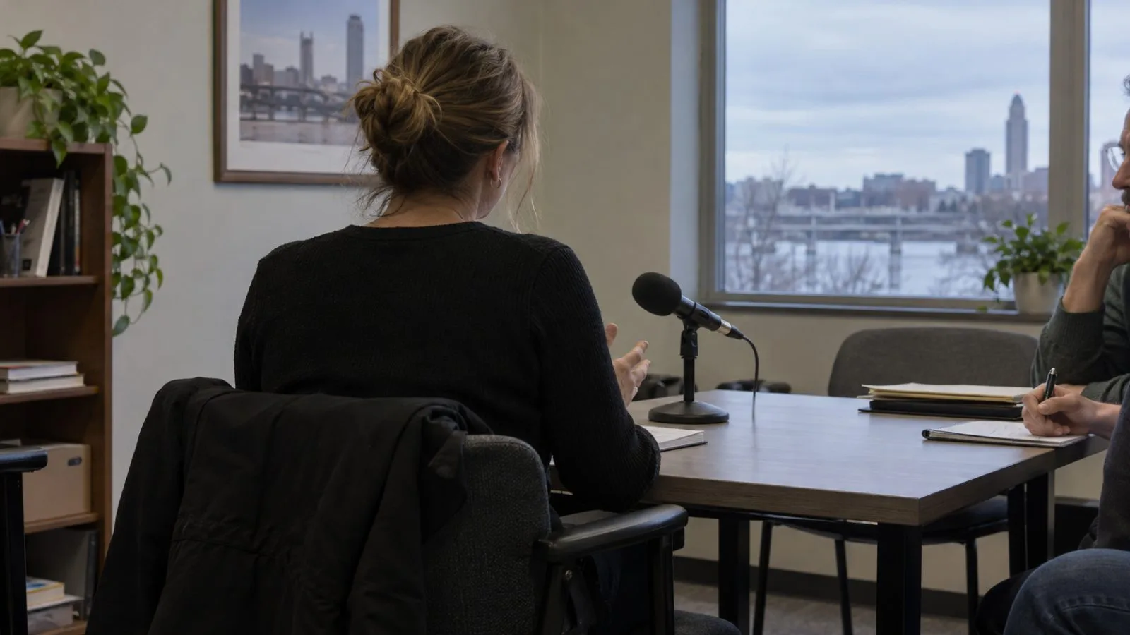 A woman speaks into a tabletop microphone during a campaign interview in Omaha, Nebraska. (AI-generated image / EconoTimes)