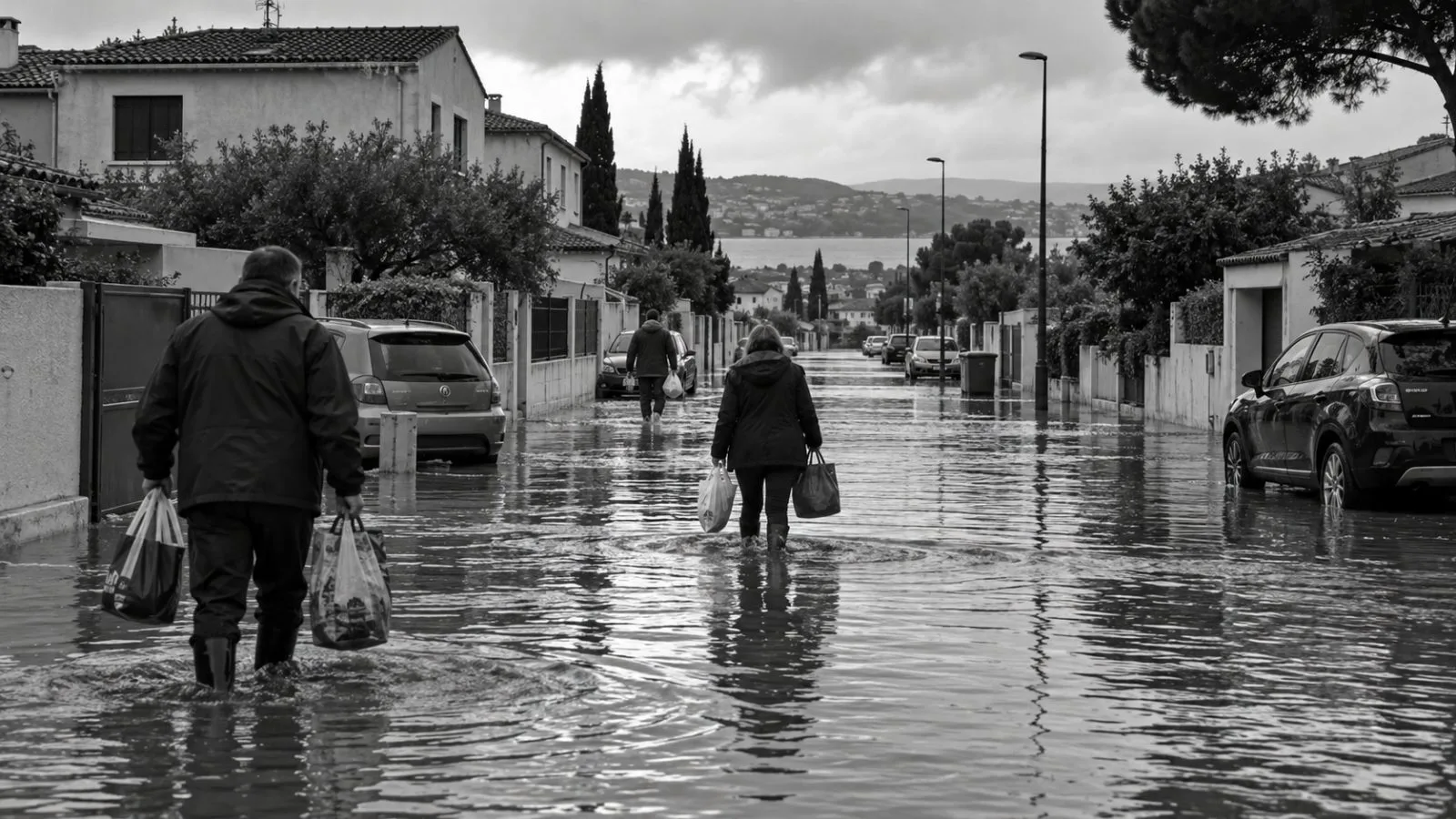 Residents carry bags along a flooded street in Istres, France. (AI-generated image / EconoTimes)