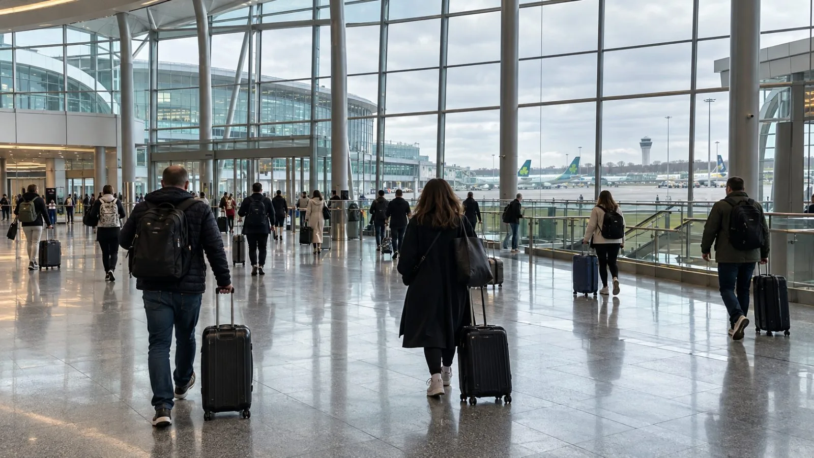 Travelers wheel suitcases through the arrivals hall at Dublin Airport in Ireland. (AI-generated image / EconoTimes)