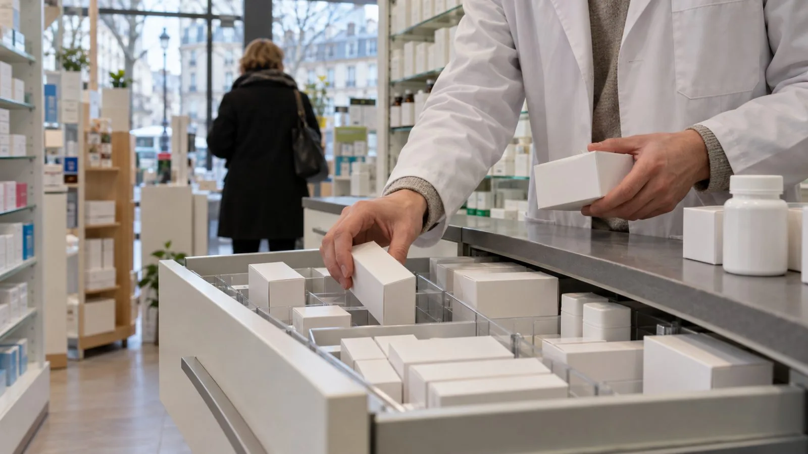 A pharmacist sorts prescription medicine cartons inside a neighborhood pharmacy in Paris, France. (AI-generated image / EconoTimes)