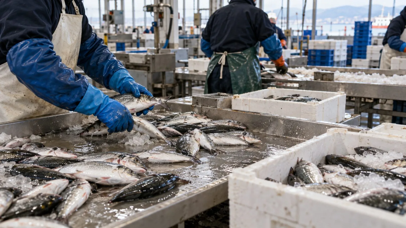 Workers sort fresh fish at a seafood packing facility in Izmir, Türkiye. (AI-generated image / EconoTimes)