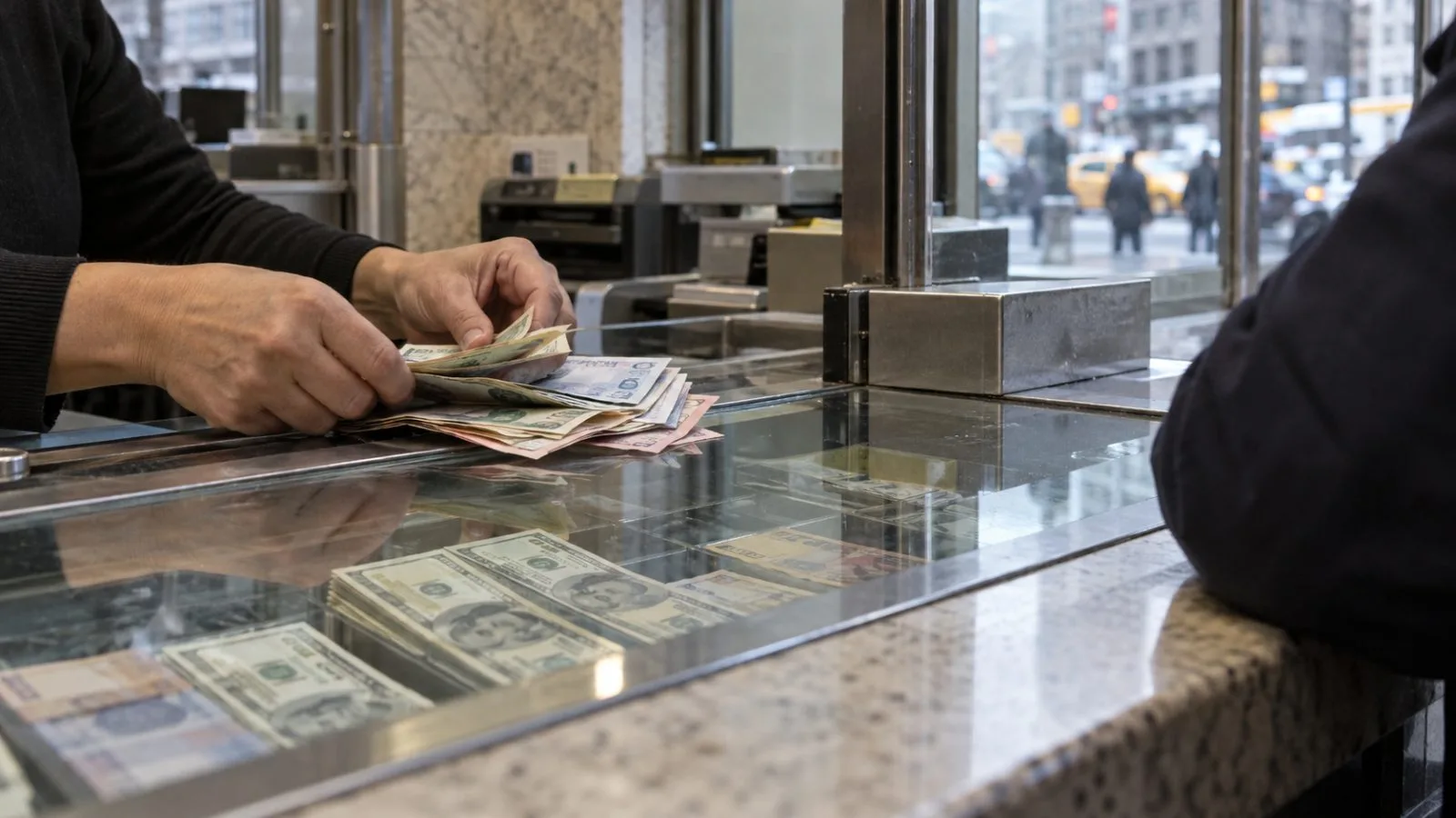 Dollar bills rest beneath glass at a currency exchange counter in New York. (AI-generated image / EconoTimes)