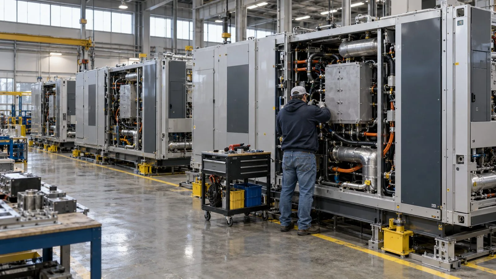 Fuel-cell modules sit on an assembly line at a manufacturing plant in Fremont, California. / EconoTimes.ai