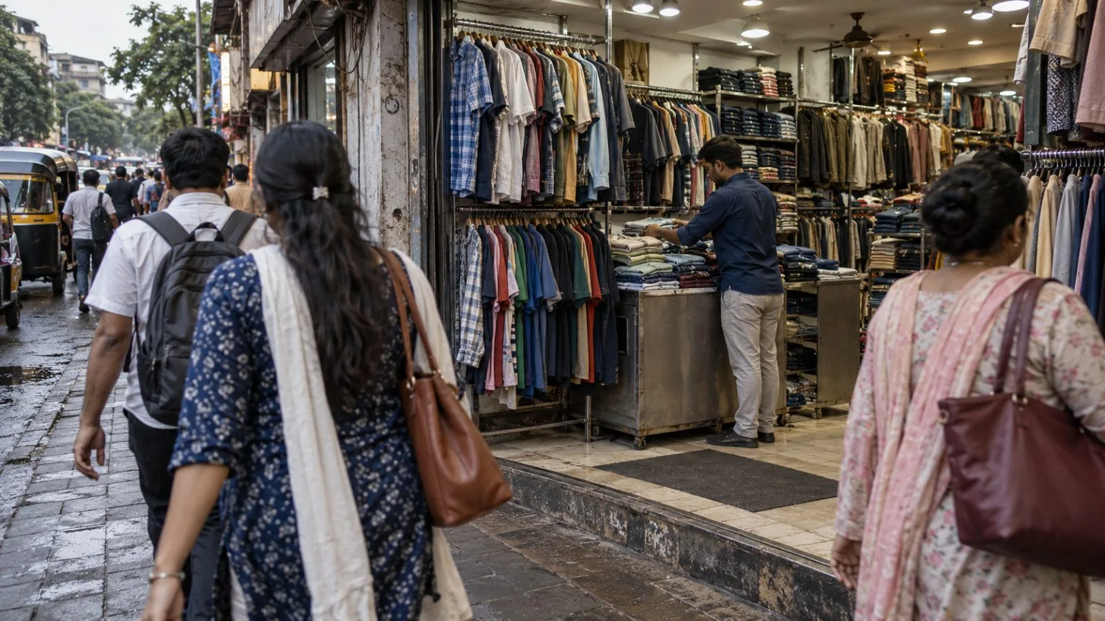 Shoppers browse garment racks inside a clothing store in Mumbai, India. (AI-generated image / EconoTimes)