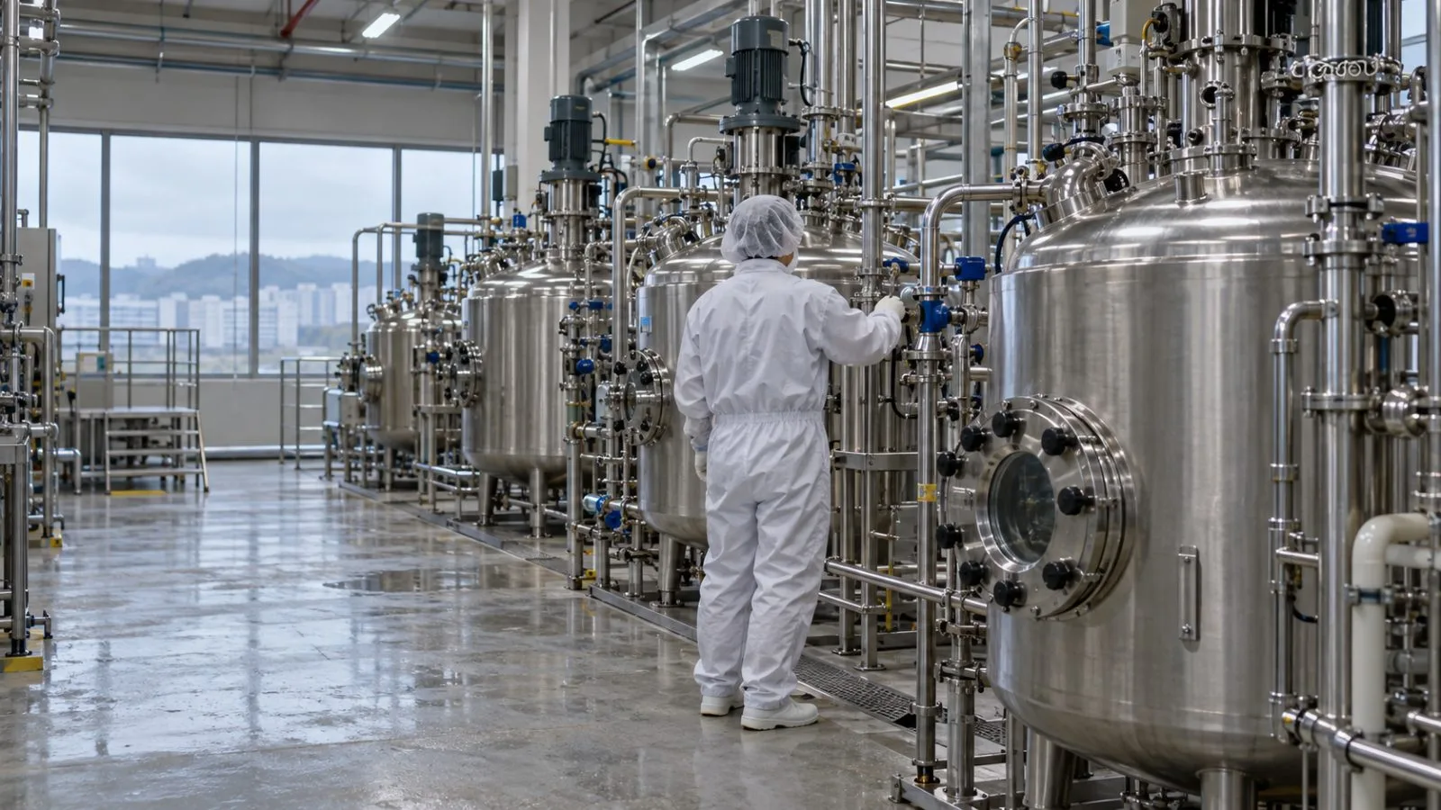 A technician inspects stainless steel process vessels inside a bioprocessing plant in Daejeon, South Korea. (AI-generated image / EconoTimes)