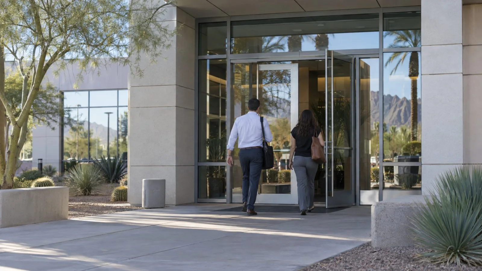Employees enter an office building along Grand Montecito Parkway in Las Vegas, Nevada. (AI-generated image / EconoTimes)