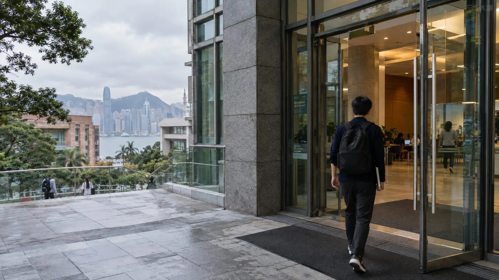 A researcher enters a campus building at the University of Hong Kong in Hong Kong. (AI-generated image / EconoTimes)