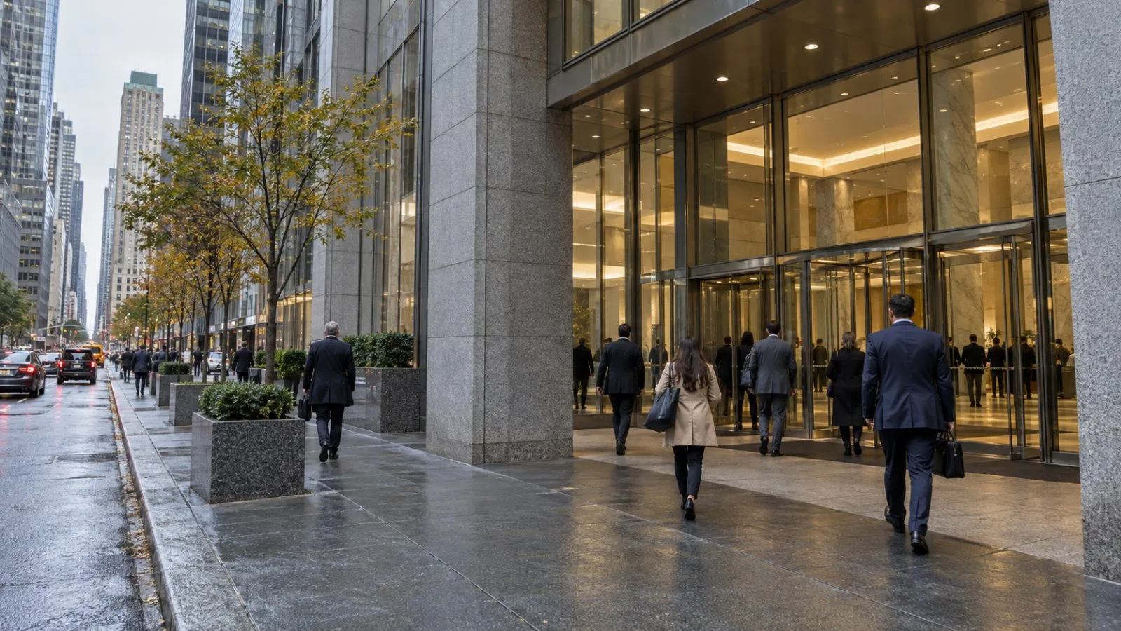 Office workers enter Morgan Stanley’s Midtown Manhattan headquarters on an overcast morning. (AI-generated image / EconoTimes)