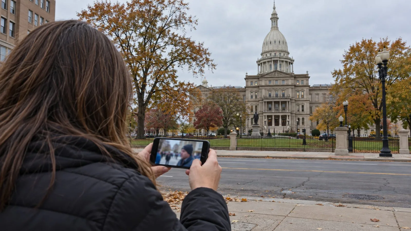 A person watches a street-interview video near the Michigan State Capitol in Lansing. (AI-generated image / EconoTimes)