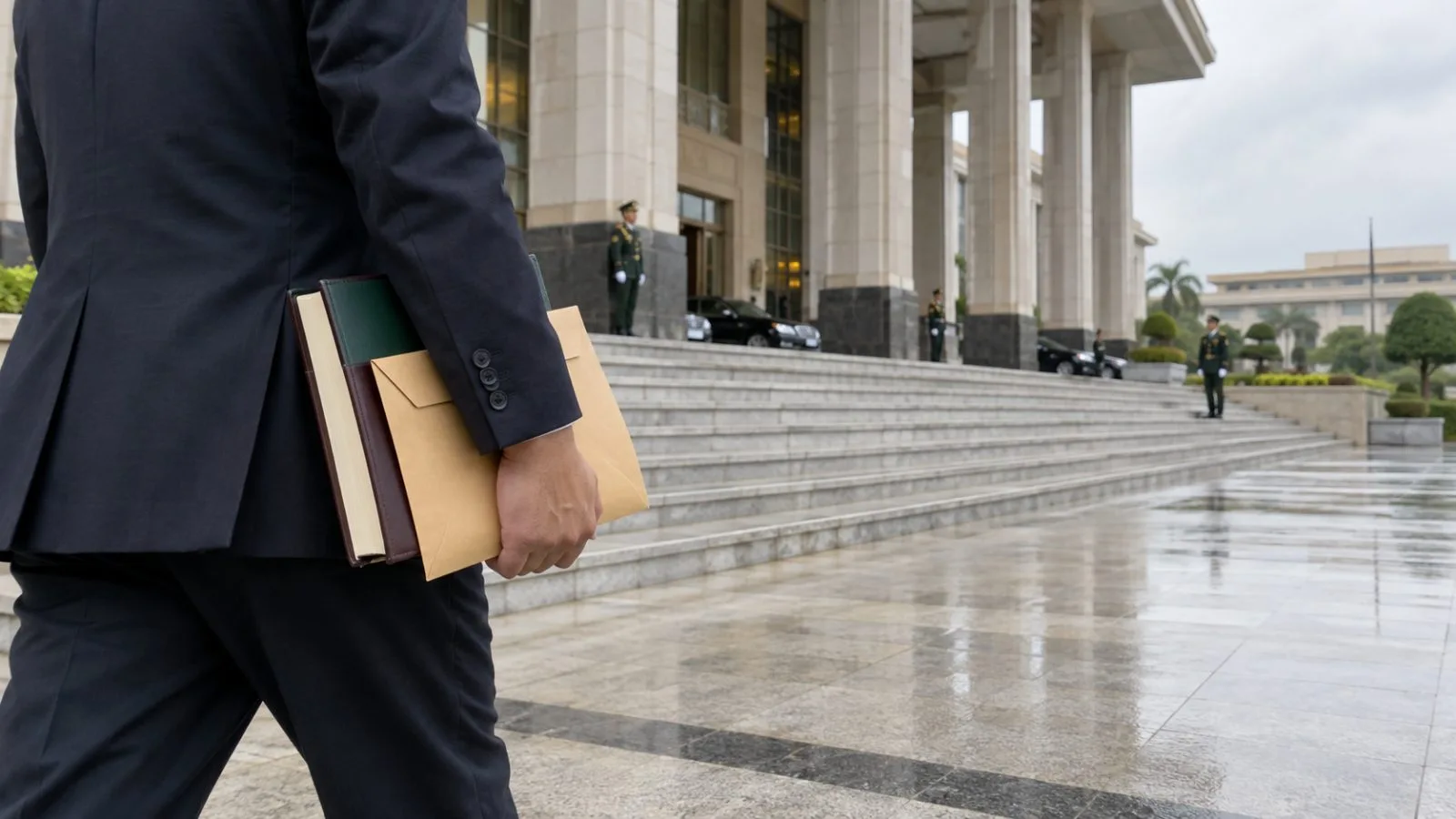 Hands carry two books and a sealed envelope outside a building in Naypyidaw. (AI-generated image / EconoTimes)