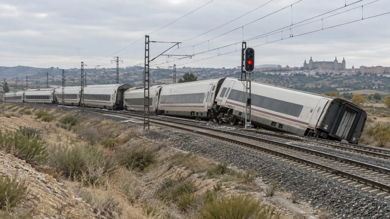 A damaged passenger train stands beside railway tracks near Toledo, Spain (AI-generated image / EconoTimes)