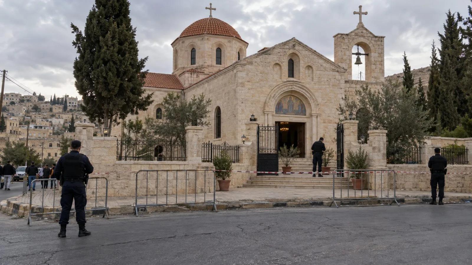 Security personnel gather outside the Greek Orthodox Hamoud church in Karak, Jordan. (AI-generated image / EconoTimes)
