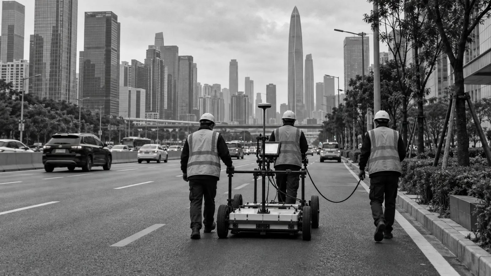 Road survey workers guide an inspection vehicle along a traffic lane in Shenzhen, China. (AI-generated image / EconoTimes)