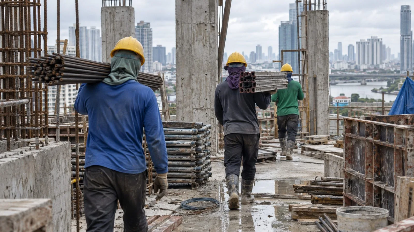 Workers carry building materials at a construction site in Bangkok, Thailand. (AI-generated image / EconoTimes)