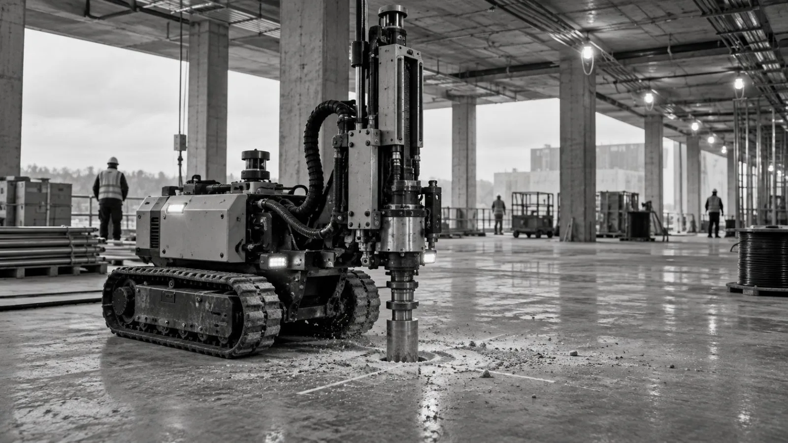 A floor-drilling robot works on a concrete slab at a data center site in Ashburn, Virginia. / EconoTimes.ai