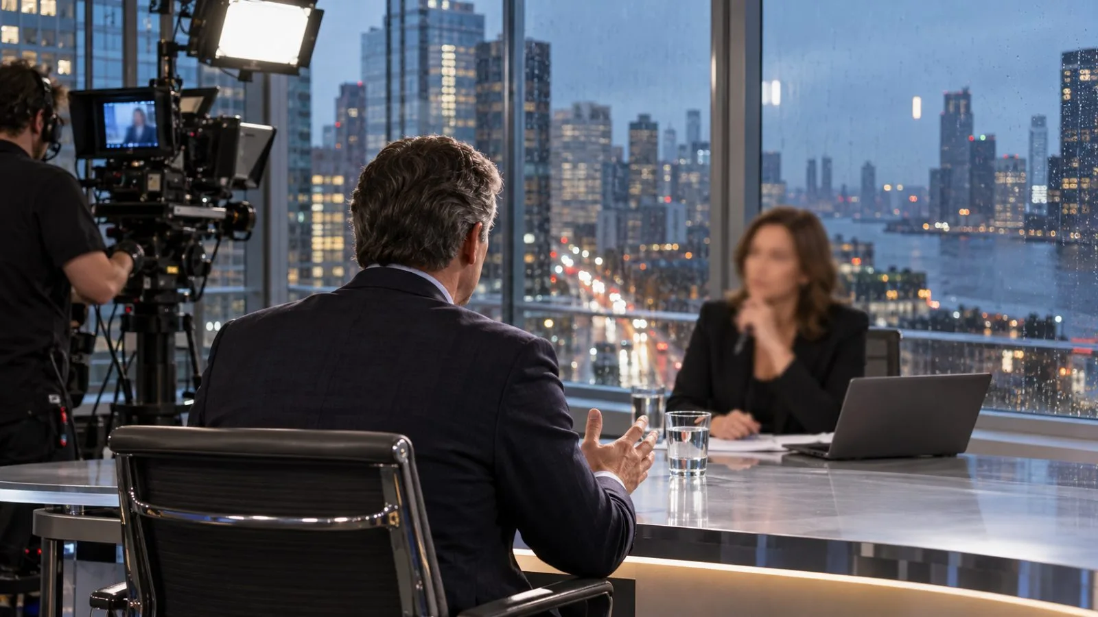 An interview guest speaks with a host in a Midtown Manhattan television studio. (AI-generated image / EconoTimes)