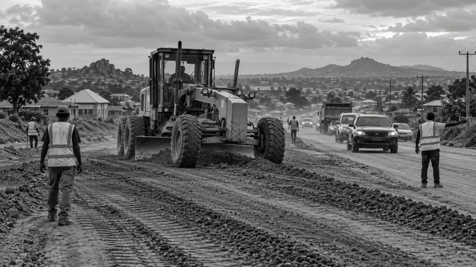 A grader works on a road construction site in Lafia, Nasarawa State, Nigeria (AI-generated image / EconoTimes)