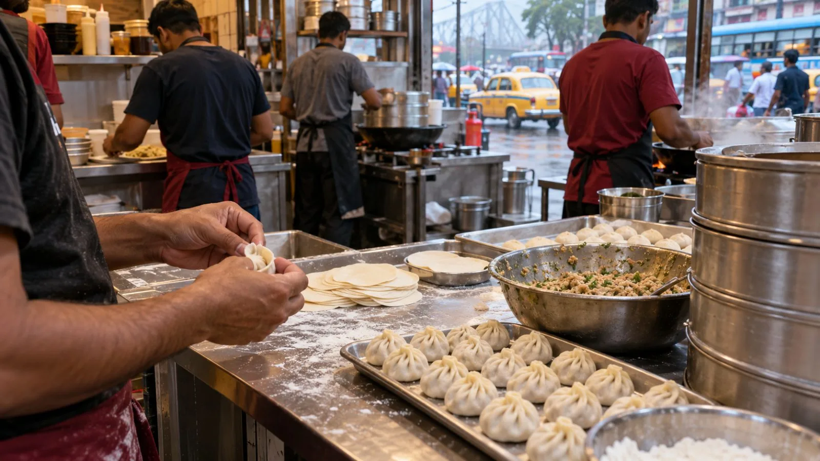 Kitchen workers prepare dumplings at a quick-service restaurant in Kolkata, India. (AI-generated image / EconoTimes)