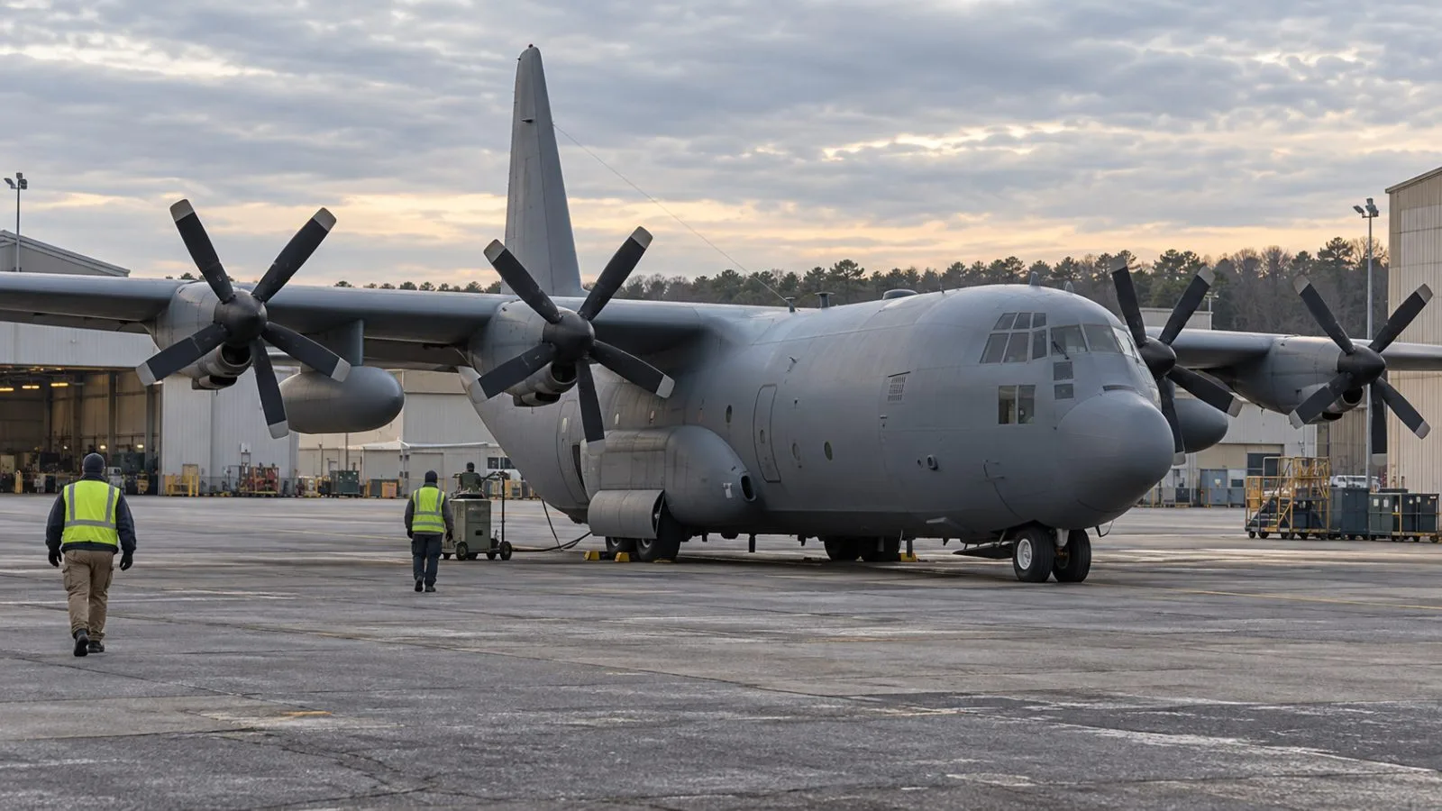 A C-130J-30 sits on the flight line at Lockheed Martin’s Marietta, Georgia, site. (AI-generated image / EconoTimes)