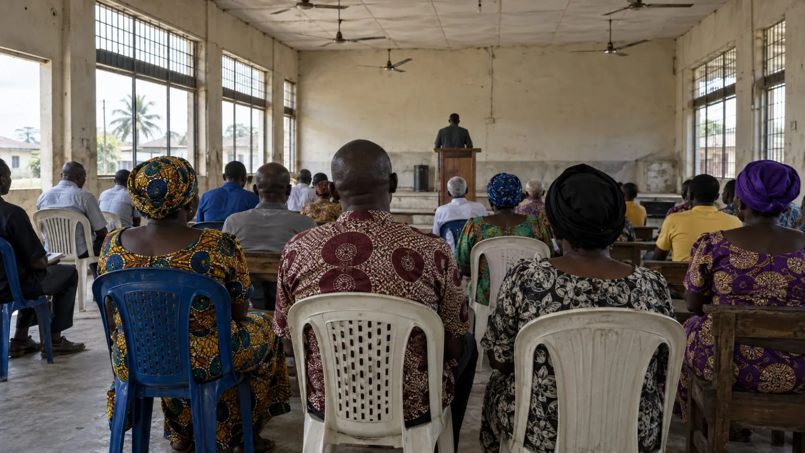 Attendees listen to a political coalition gathering in Port Harcourt, Nigeria. (AI-generated image / EconoTimes)