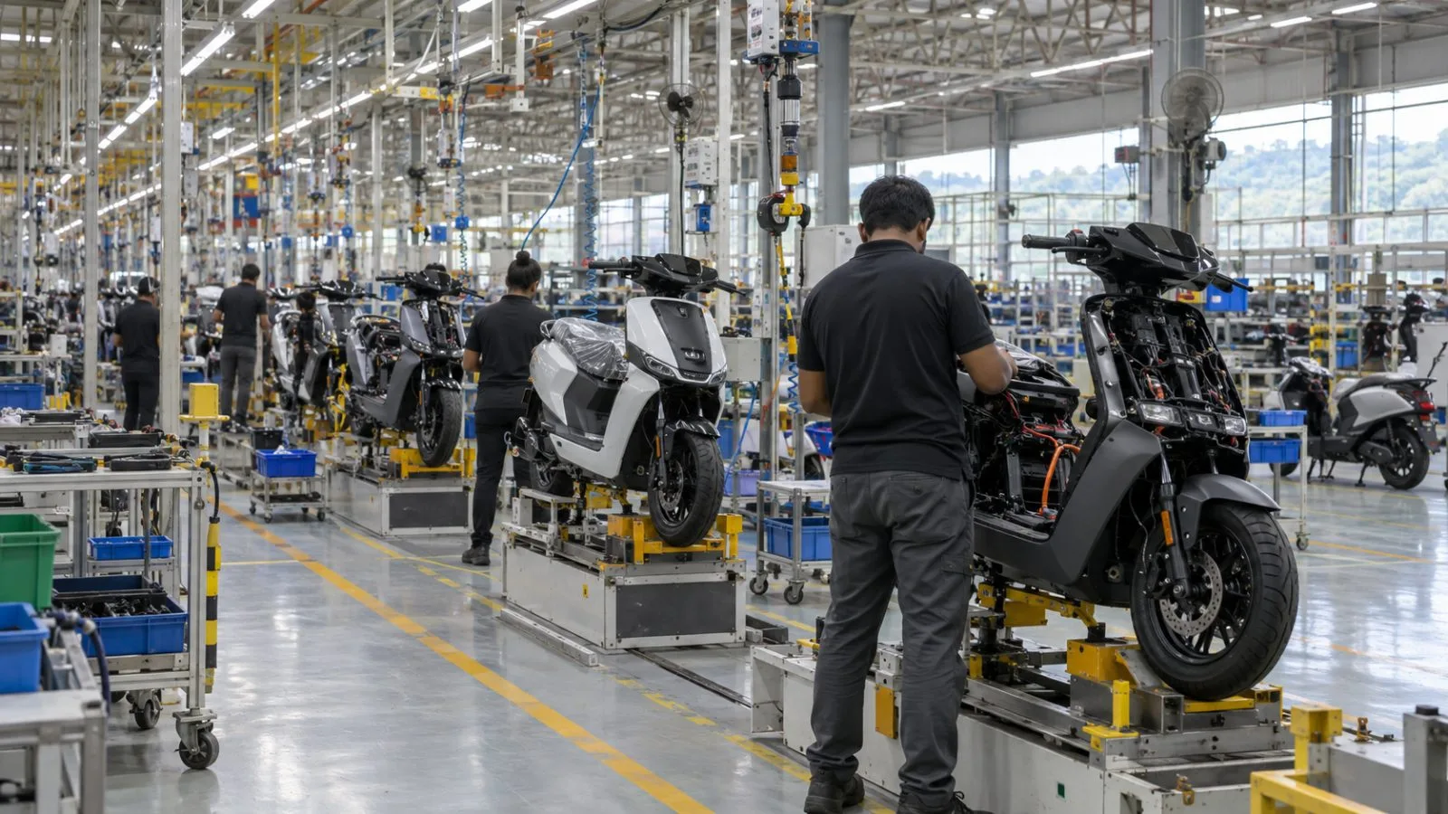 Electric scooters move along an assembly line at Ather Energy’s Hosur factory in Tamil Nadu. (AI-generated image / EconoTimes)