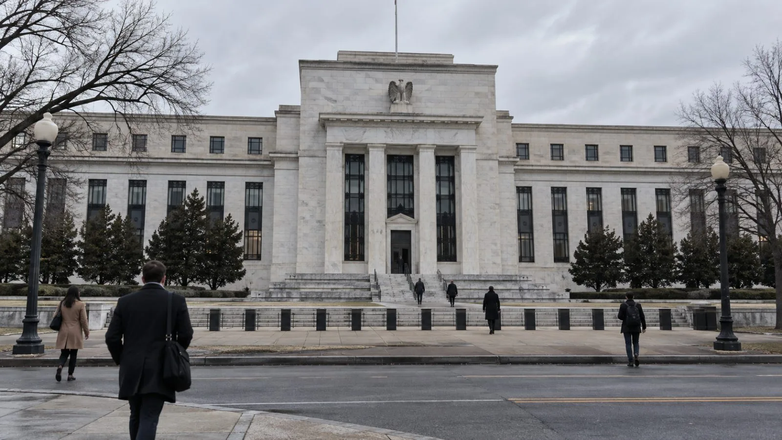 Commuters pass the Federal Reserve building in Washington, D.C., on Tuesday morning. (AI-generated image / EconoTimes)