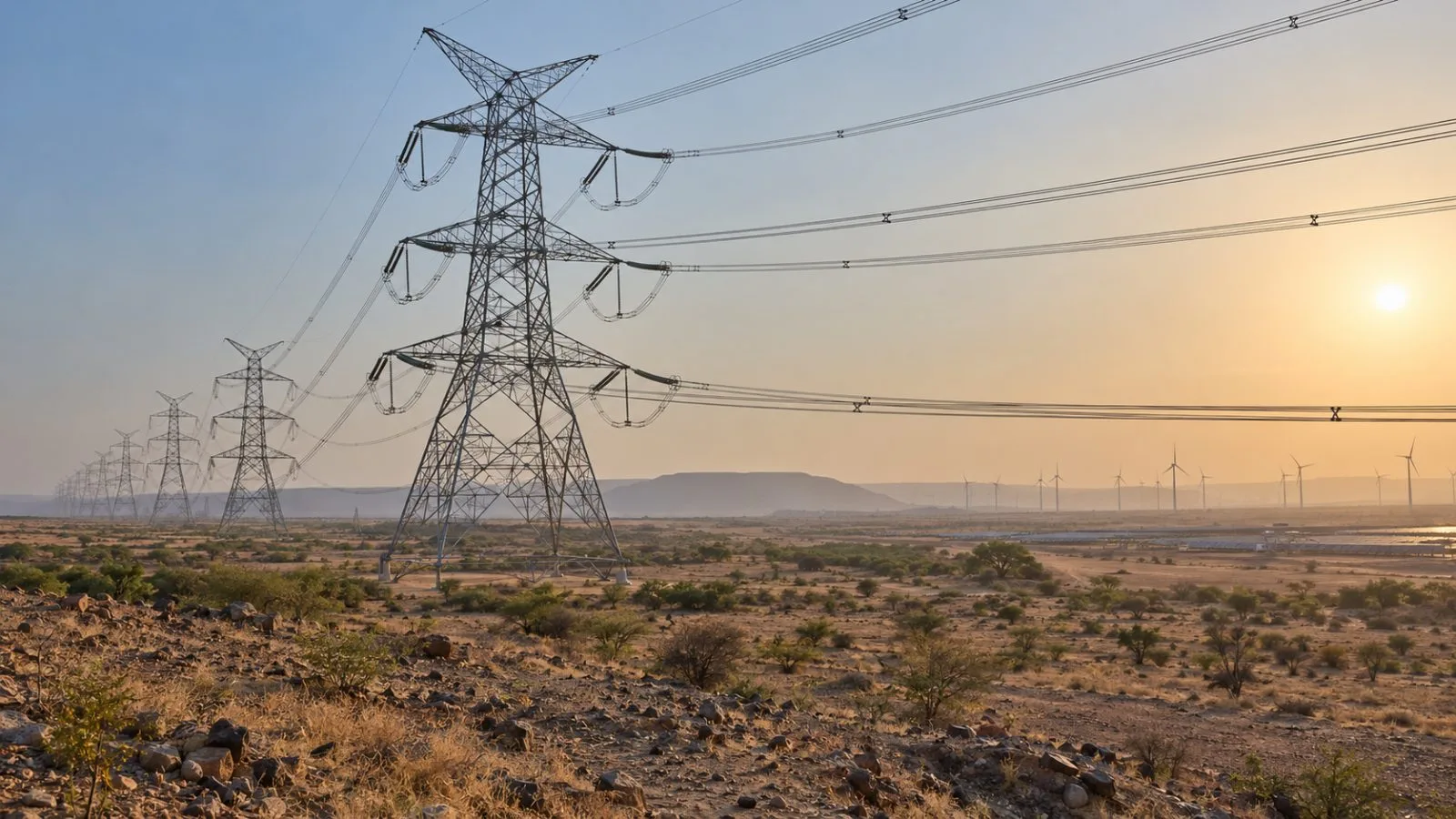 High-voltage transmission towers cross the dry Kutch landscape near Bhuj, Gujarat, India. (AI-generated image / EconoTimes)